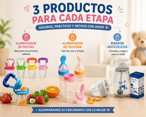 Pack Completo 3 en 1 para Bebé: Alimentador de Silicona + Chupete de Frutas + Biberón Anticólicos